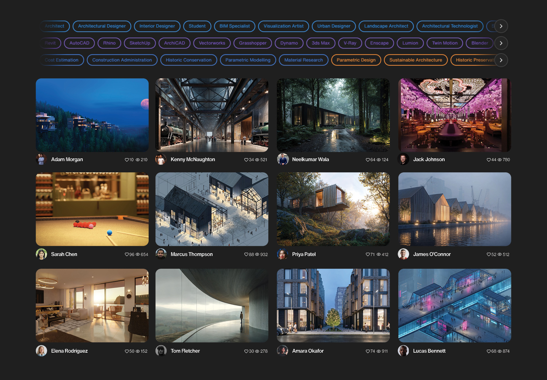 Grid of architectural portfolio posts from community members featuring renders, technical drawings, and interior visualizations with likes and view counts