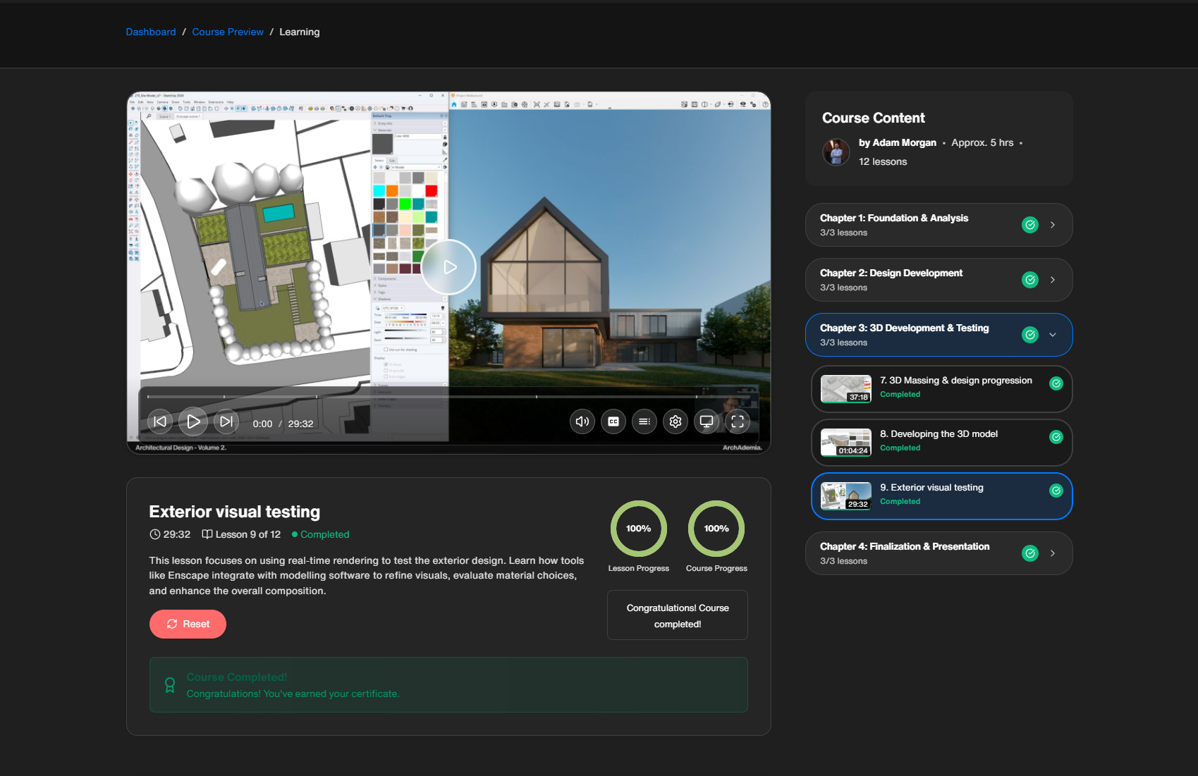 ArchAdemia course interface showing video player with architectural visualization lesson and course content sidebar