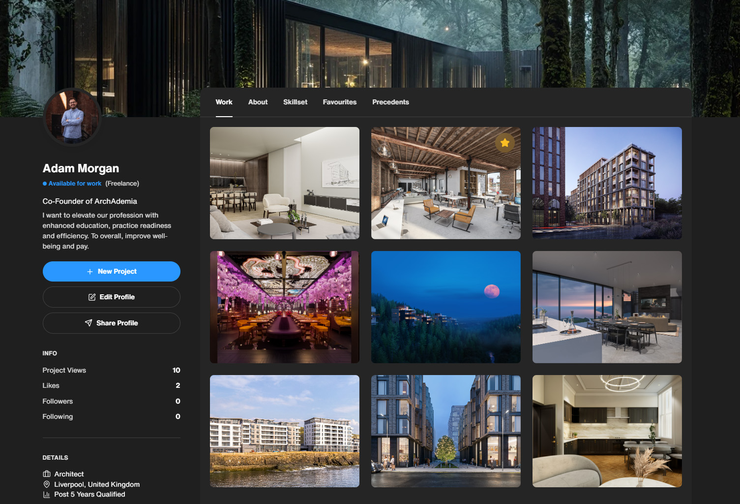 Drawing Board portfolio interface showing grid of architectural renders and member profile
