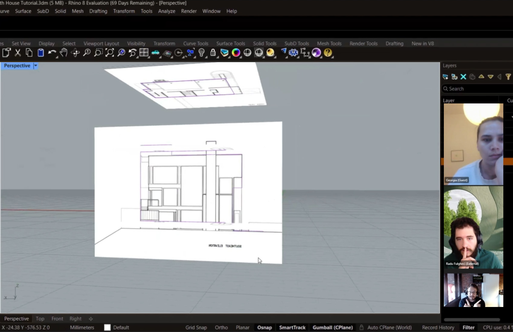 Video tutoring session with architect mentor reviewing CAD drawings