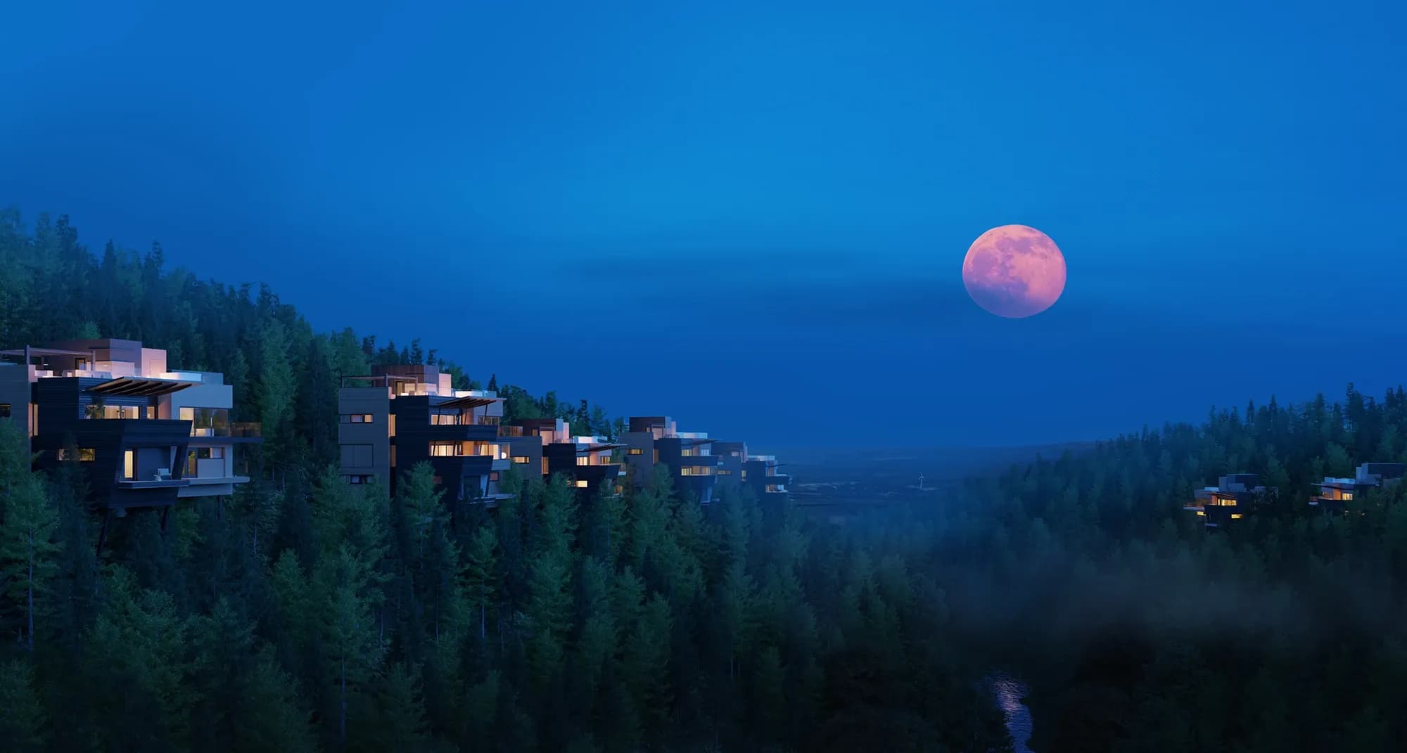 Hillside residential development with cantilevered modernist homes emerging from pine forest under a full moon at twilight